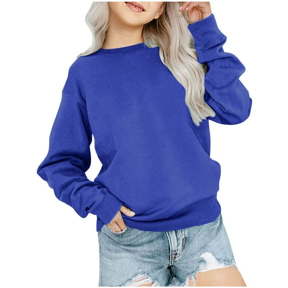Odeerbi Toddler Boys Girls Fleece Lined Sweatshirt Kids Toddler Long Sleeve Cotton Sweatshirt 2025 Casual Round Neck Pullover Top Teen Girl Clothes Blue 5-6 Years