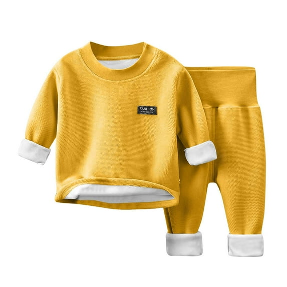 Odeerbi Toddler Boys Girls Fleece Pajama Sets Fall Winter Thermal Pajamas Kids Long Sleeve Velvet Sleepwear Elastic Waist Long Pants Two-piece Lounge Set Toddler Clothes Yellow