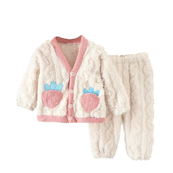 Odeerbi Toddler Boys Girls Fleece Pajama Sets Fall Winter Thermal Pajamas Kids Printed Long Sleeve Plush Sleepwear Thickened Home Clothes Lounge Sets Toddler Clothes White