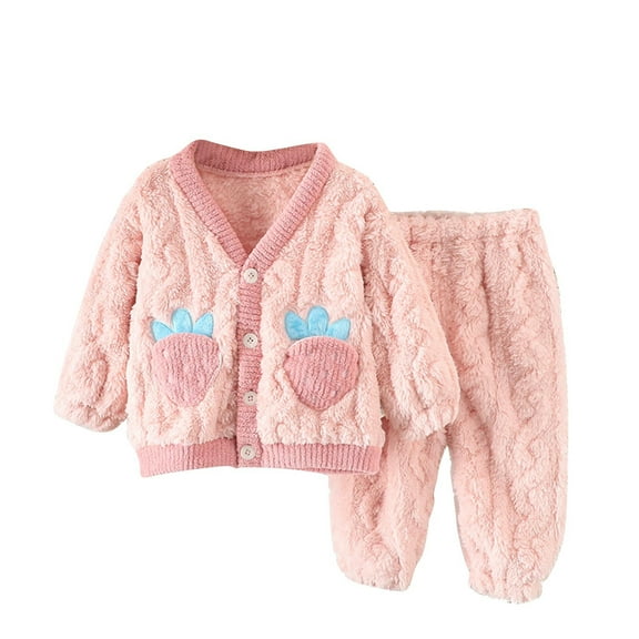 Odeerbi Toddler Boys Girls Fleece Pajama Sets Fall Winter Thermal Pajamas Kids Printed Long Sleeve Plush Sleepwear Thickened Home Clothes Lounge Sets Toddler Clothes Pink