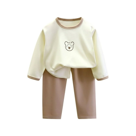 Odeerbi Toddler Boys Girls Fleece Pajama Sets Fall Winter Thermal Pajamas Toddler Baby Kids Sleepwear Solid Color Print Long Sleeve Thickening Lounge Sets Toddler Clothes Beige