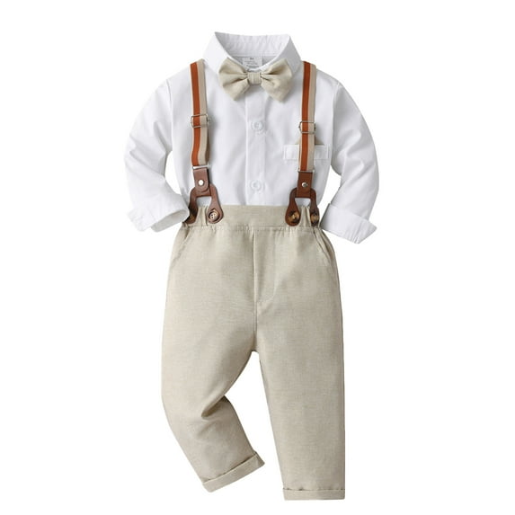 Odeerbi Toddler Boys Girls Gentleman Formal Dress Suit Long Sleeve Tie Shirt Suspenders Suit British Dress 2025 Casual Wear Beige 12-18 Months