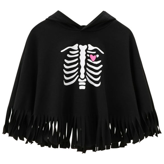 Odeerbi Toddler Boys Girls Halloween Ghost Cloak Fringe Hooded Cape Children's Skull Printed Halloween Clothes Sleeveless Cloak Hoodie Robe Black