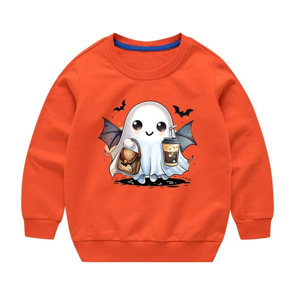 Odeerbi Toddler Boys Girls Halloween Ghost Crewneck Sweatshirts Fall Winter Cotton Sweatshirt Toddler Kids Cute Solid Color Long Sleeve Sweatshirts Top Toddler Clothes Orange
