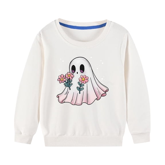 Odeerbi Toddler Boys Girls Halloween Ghost Crewneck Sweatshirts Fall Winter Cotton Sweatshirt Toddler Kids Cute Solid Color Long Sleeve Sweatshirts Top Toddler Clothes White