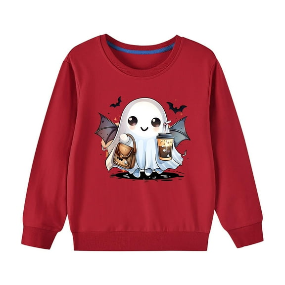 Odeerbi Toddler Boys Girls Halloween Ghost Crewneck Sweatshirts Fall Winter Cotton Sweatshirt Toddler Kids Cute Solid Color Halloween Print Long Sleeve Sweatshirts Top Toddler Clothes Red