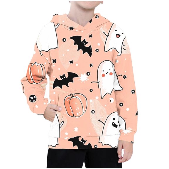 Odeerbi Toddler Boys Girls Halloween Hoodies Printed Pullover Hooded Sweatshirts Children's Pattern Printed Round Neck Long Sleeve Hooded Sweatshirt Orange