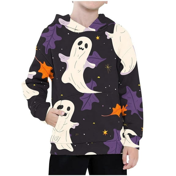 Odeerbi Toddler Boys Girls Halloween Hoodies Printed Pullover Hooded Sweatshirts Children's Round Neck Long Sleeve Halloween Pattern Printed Hooded Sweatshirt Purple