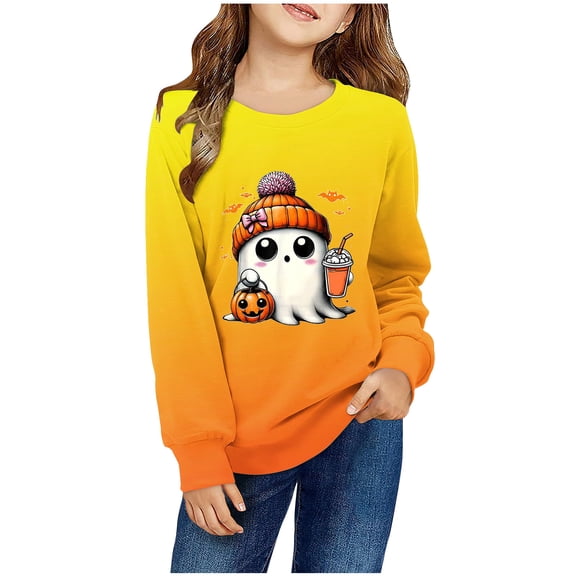Odeerbi Toddler Boys Girls Halloween Pumpkin Ghost Crewneck Sweatshirts Fall Winter Pullover Sweatshirt 1-12 Years Kids Printed Long Sleeve T-shirt Top Toddler Clothes Yellow