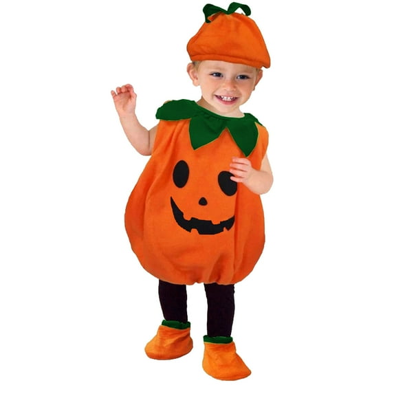 Odeerbi Toddler Boys Girls Halloween Pumpkin Role Playing Clothes Stage Performance Outfits Baby Halloween Cute Solid Color Cos Pumpkin Hat Jumpsuit Bodysuit Toddler Clothes Orange