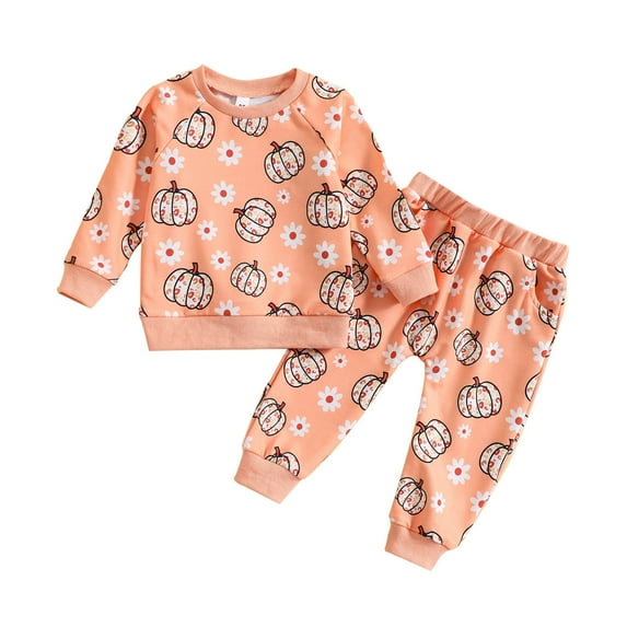 Odeerbi Toddler Boys Girls Halloween Pumpkin Sweatsuit Set Kids Fashion Cute Flower Print Long Sleeve Hooded Sweatpants Suit Orange