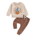 thumbnail image 1 of Odeerbi Toddler Boys Girls Halloween Sweatsuits Fall Winter Two Piece Outfits Set Children New Halloween Pumpkin Round Neck Long Sleeve Sweatshirt Jogger Pants Tracksuit Khaki, 1 of 6