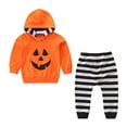 thumbnail image 1 of Odeerbi Toddler Boys Girls Halloween Sweatsuits Fall Winter Two Piece Outfits Set Loose Striped Jogger Pants Funny Cartoon Print Sweatshirt Long Sleeve Hooded Tracksuit Set Multicolor, 1 of 9