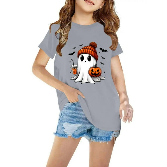 Odeerbi Toddler Boys Girls Halloween T-shirt Toddler Kids Halloween Ghost Print Shirt Fashion Cute Round Neck Short Sleeve Cotton Top Toddler Clothes Gray
