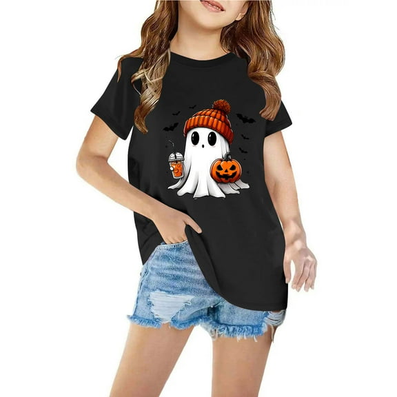 Odeerbi Toddler Boys Girls Halloween T-shirt Toddler Kids Halloween Ghost Print Shirt Fashion Cute Round Neck Short Sleeve Cotton Top Toddler Clothes Black