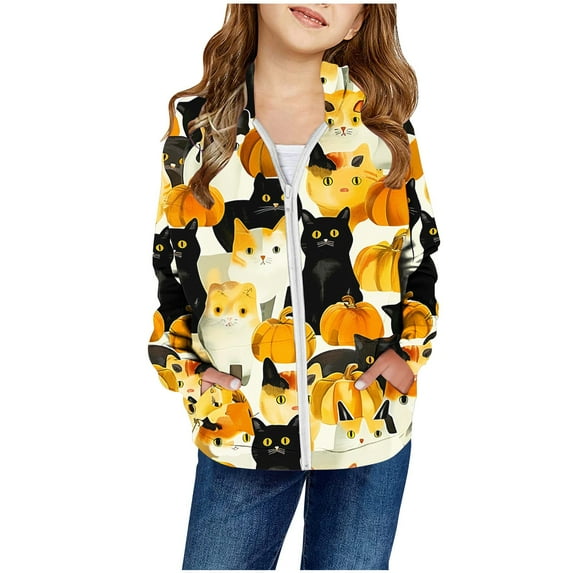 Odeerbi Toddler Boys Girls Halloween Zip Up Hooded Sweatshirt Jacket Children's Long Sleeve Pattern Printed Sweatshirts Round Neck Short Top Zipper Cardigan Hooded Sweatshirt Yellow