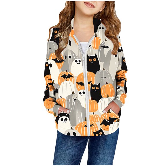 Odeerbi Toddler Boys Girls Halloween Zip Up Hooded Sweatshirt Jacket Children's Long Sleeve Pattern Printed Sweatshirts Round Neck Short Top Zipper Cardigan Hooded Sweatshirt Gray