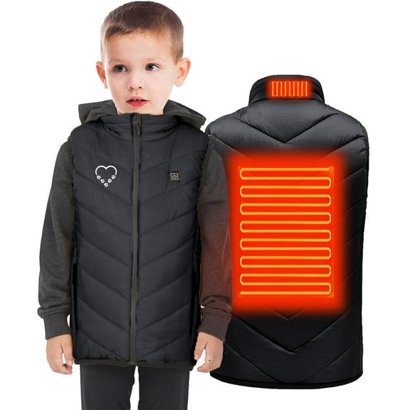 Odeerbi Toddler Boys Girls Heated Vest Kids Puffer Vest Children USB Intelligent Constant Temperature 2 Areas Heated Jacket Solid Color Plus Size Winter Coat Black 4-5 Years without Power Bank