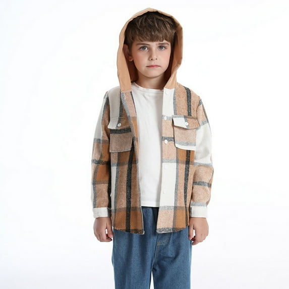 Odeerbi Toddler Boys Girls Hooded Plaid Shacket Jacket Kids Toddler Flannel Shirt 2025 Long Sleeve Plaid Jacket Baby Fall Shirt Coat Outwear Brown 18-24 Months