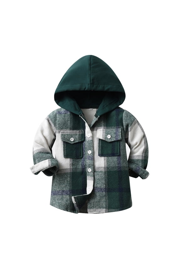 Toddler Boys Girls Hooded Plaid Shacket Jacket Kids Toddler Flannel Shirt Long Sleeve Plaid Jacket Baby Fall Shirt Coat Outwear Green 18-24 Months