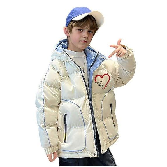 Odeerbi Teen Boys Girls Hooded Puffer Jacket Winter Coats Thermal Padded Coat Down Jacket Warm Clothes 5-16 Years Kids Fashion Long Sleeve Hoodie Outerwear Heavy Coat White