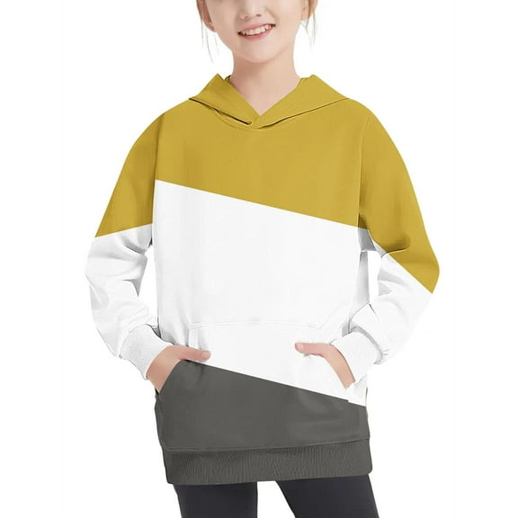 Odeerbi Toddler Boys Girls Hoodies Color Block Pullover Hooded Sweatshirts Oversized Crewneck Hooded Sweatshirt Kids Fashion Long Sleeve Pullover Tops 4-14 Years Yellow