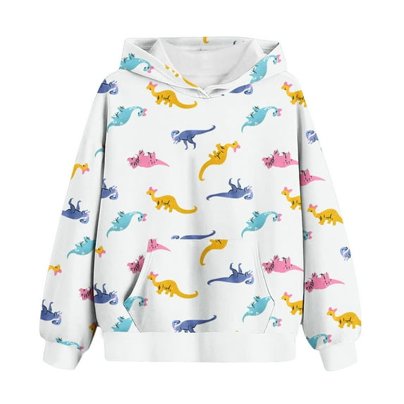 Odeerbi Toddler Boys Girls Hoodies Dinosaur Pullover Hooded Sweatshirts Children's Pattern Printed Round Neck Long Sleeve Hooded Sweatshirt White
