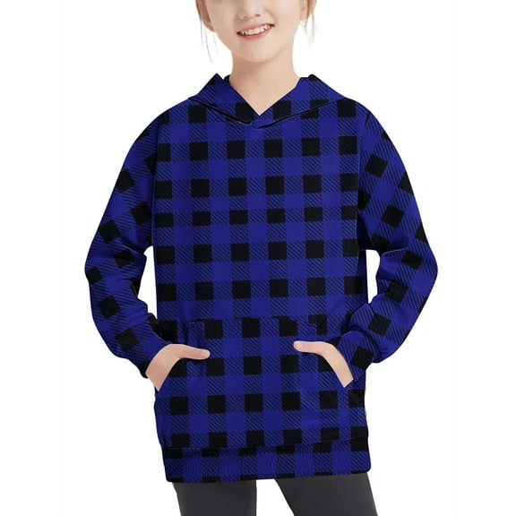 Odeerbi Toddler Boys Girls Hoodies Plaid Pullover Hooded Sweatshirts Oversized Crewneck Hooded Sweatshirt Kids Fashion Long Sleeve Pullover Tops 4-14 Years Blue