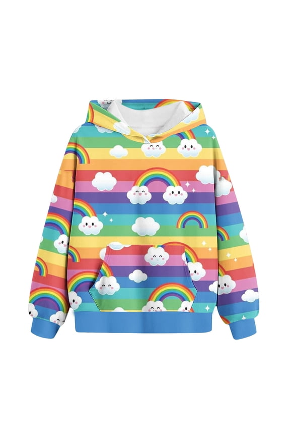 Toddler Boys Girls Hoodies Printed Pullover Hooded Sweatshirts Children's Rainbow Pattern Printed Long Sleeve Round Neck Hooded Sweatshirt Dark Blue