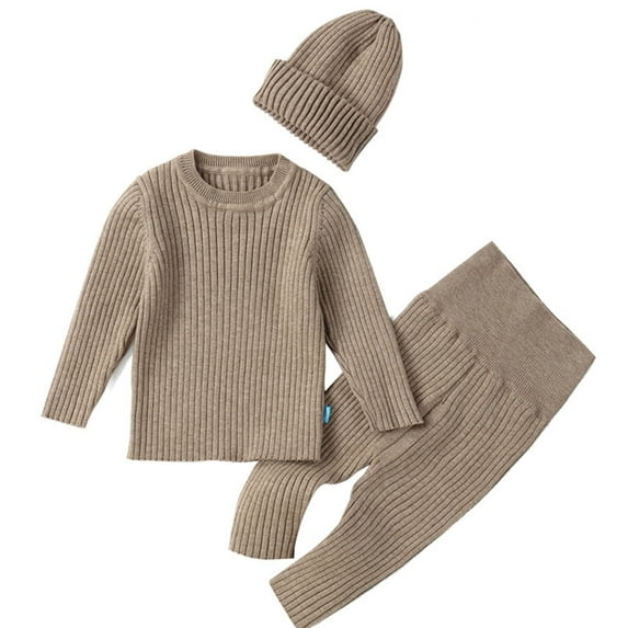 Odeerbi Toddler Boys Girls Knit Sweater Outfits Baby Infant Keep Warm Sweater 2024 Long Sleeve Tops Pants Solid Color Clothes Hat Set Gray 18-24 Months