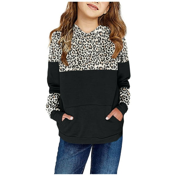 Odeerbi Toddler Boys Girls Leopard Hoodies Fall Winter Pullover Hooded Sweatshirts Children's Long Sleeve Pattern Sweatshirt Round Neck Top Toddler Clothes Black