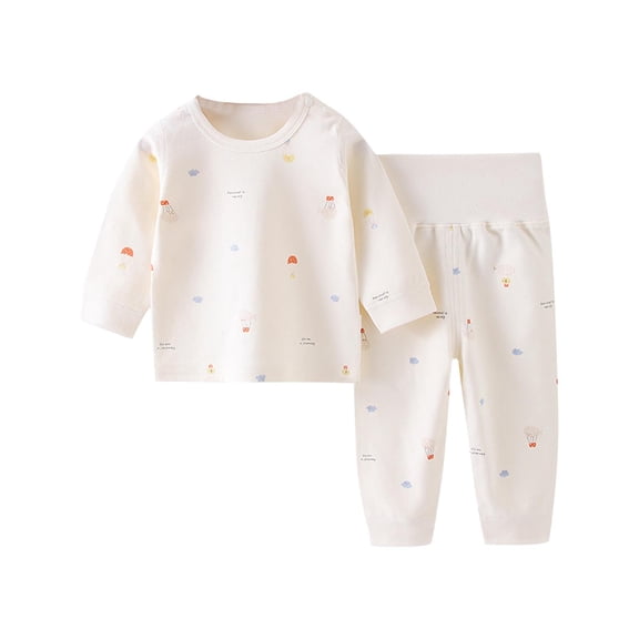 Odeerbi Toddler Boys Girls Long Johns Cartoon Print Thermal Underwear Set Cotton Base Layer Set Winter Clothes Pajama Pants Set Long Sleeve Pajamas Sleeping Pants Home Clothes White