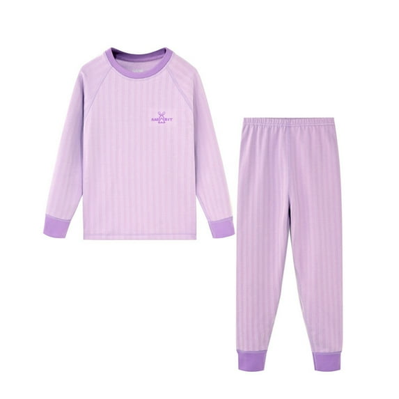 Odeerbi Toddler Boys Girls Long Johns Fleece Lined Thermal Underwear Set Cotton Base Layer Set Winter Flannel Pajamas Cartoon Print Sleepwear Solid Color Thickened Home Clothes Purple