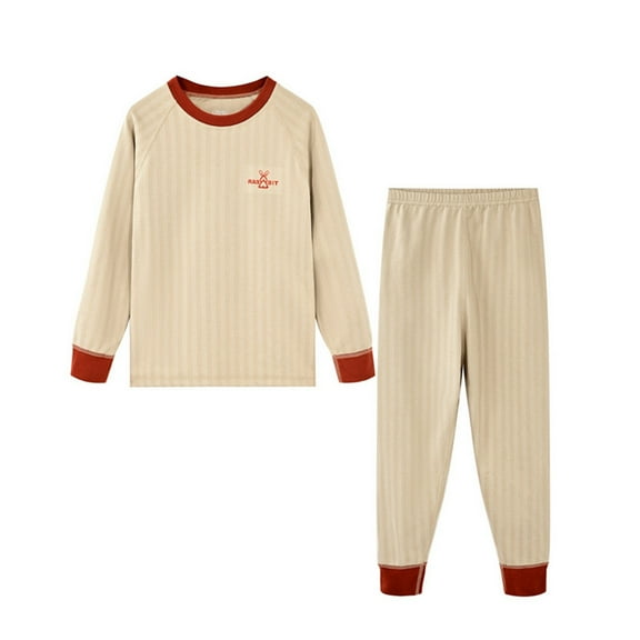 Odeerbi Toddler Boys Girls Long Johns Fleece Lined Thermal Underwear Set Cotton Base Layer Set Winter Flannel Pajamas Cartoon Print Sleepwear Solid Color Thickened Home Clothes Beige