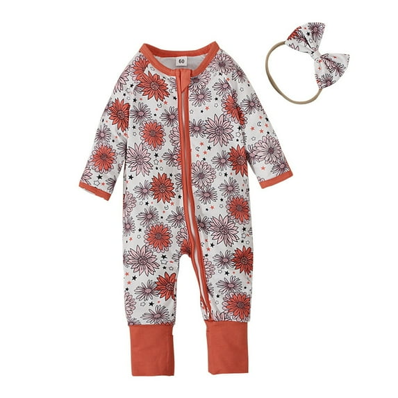 Odeerbi Toddler Boys Girls Long Sleeve Floral Romper Jumpsuit Baby Clothes Infants Young Children Casual Home Crawling Bodysuit Orange
