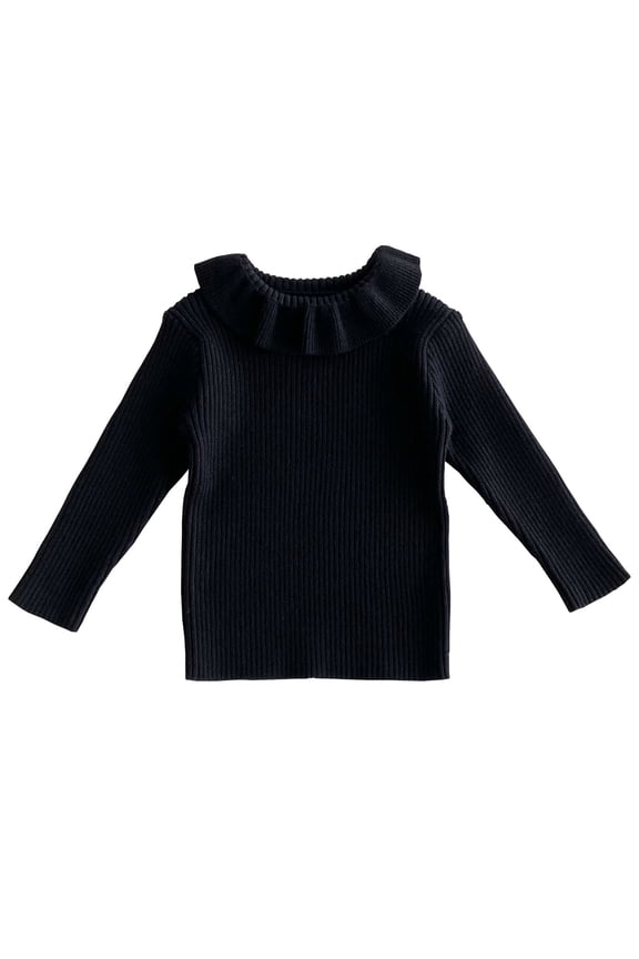 Toddler Boys Girls Long Sleeve Rib Knitted Tops Fall Winter Base Layer Ruffle Undershirt Children's Lapel Versatile Knitted Sweater Bottoming Shirt Black
