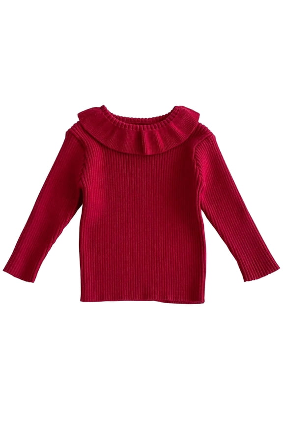 Toddler Boys Girls Long Sleeve Rib Knitted Tops Fall Winter Base Layer Ruffle Undershirt Children's Lapel Versatile Knitted Sweater Bottoming Shirt Burgundy