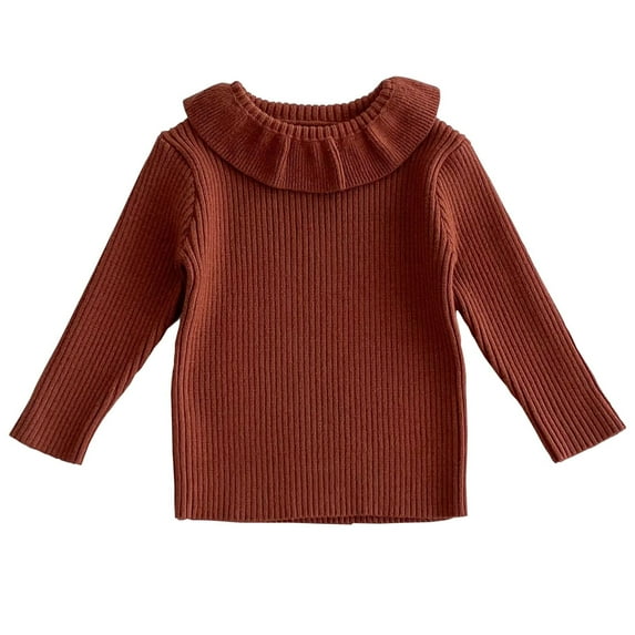 Odeerbi Toddler Boys Girls Long Sleeve Rib Knitted Tops Fall Winter Base Layer Ruffle Undershirt Children's Lapel Versatile Knitted Sweater Bottoming Shirt Brown