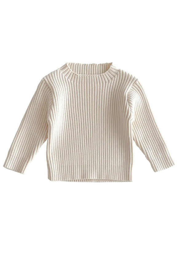 Toddler Boys Girls Long Sleeve Rib Knitted Tops Fall Winter Base Layer Undershirt Round Neck High Collar Strip Stretch Slim Versatile Knitted Sweater Bottoming Shirt White