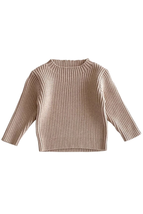 Toddler Boys Girls Long Sleeve Rib Knitted Tops Fall Winter Base Layer Undershirt Round Neck High Collar Strip Stretch Slim Versatile Knitted Sweater Bottoming Shirt Beige
