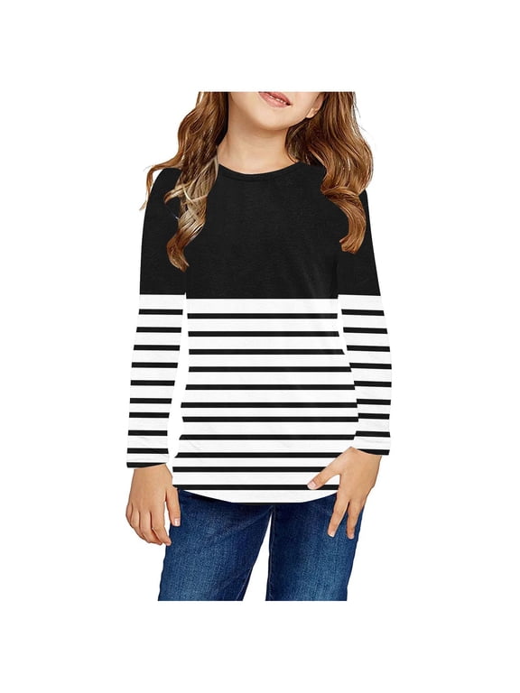 Toddler Boys Girls Long Sleeve Shirt Fall Winter Base Layer Striped Undershirt Cute Print Shirts Crewneck Tops Dressy Casual Blouses Kids Clothes Black