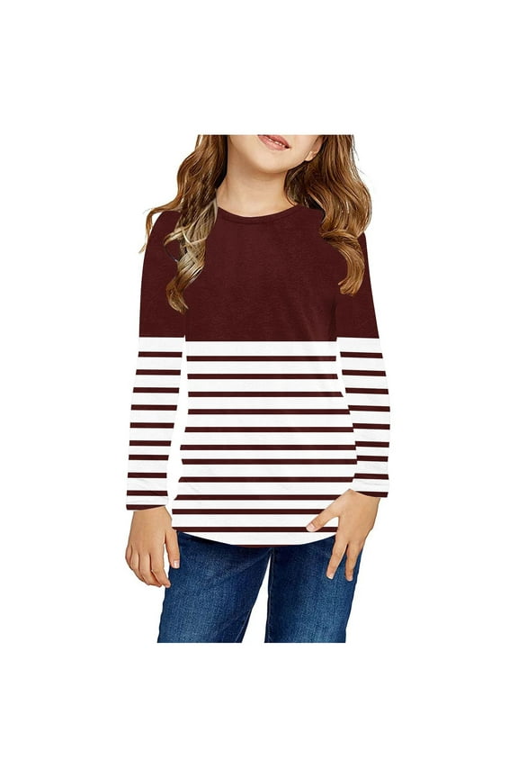 Toddler Boys Girls Long Sleeve Shirt Fall Winter Base Layer Striped Undershirt Cute Print Shirts Crewneck Tops Dressy Casual Blouses Kids Clothes Red