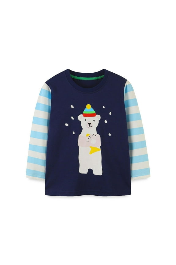 Toddler Boys Girls Long Sleeve T-Shirts Fall Winter Striped Cartoon Printed Cotton Base Tops Children's Round Neck Tops Shirt Navy
