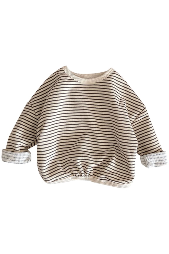 Toddler Boys Girls Long Sleeve Tees Cotton Basic Layering T-shirt Children's Casual Fall Winter Warm Base Layer Shirt Striped Round Neck Top Beige