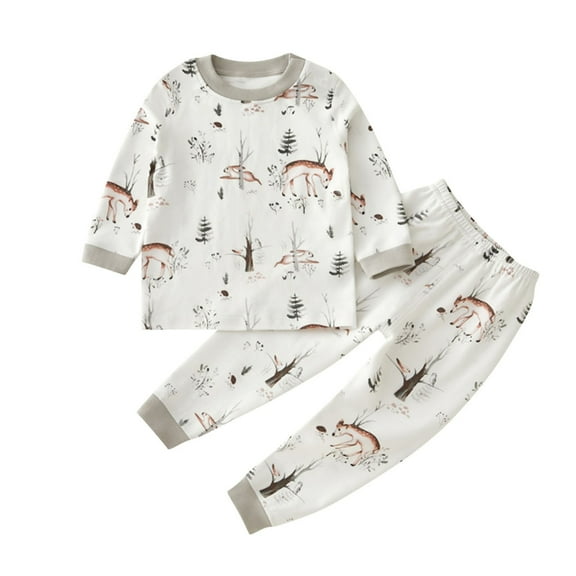 Odeerbi Toddler Boys Girls Pajama Sets Soft Cotton Long Johns Cartoon Printed Base Layer Set Thermal Underwear Set Casual Collar Long Sleeve Tops Printed Long Pants Outfit Sets Gray