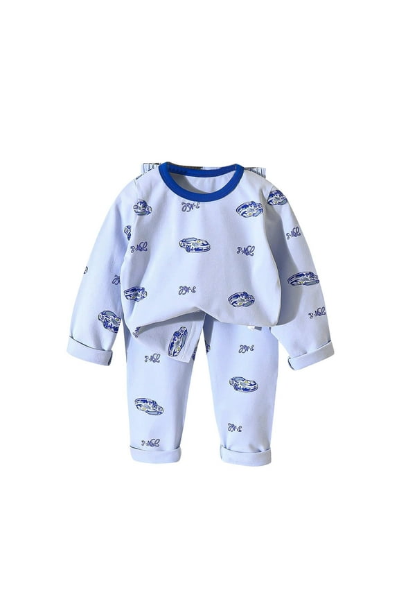 Toddler Boys Girls Pajama Sets Soft Cotton Long Johns Cartoon Printed Base Layer Set Thermal Underwear Set Casual Collar Long Sleeve Tops Printed Long Pants Outfit Sets Light Blue