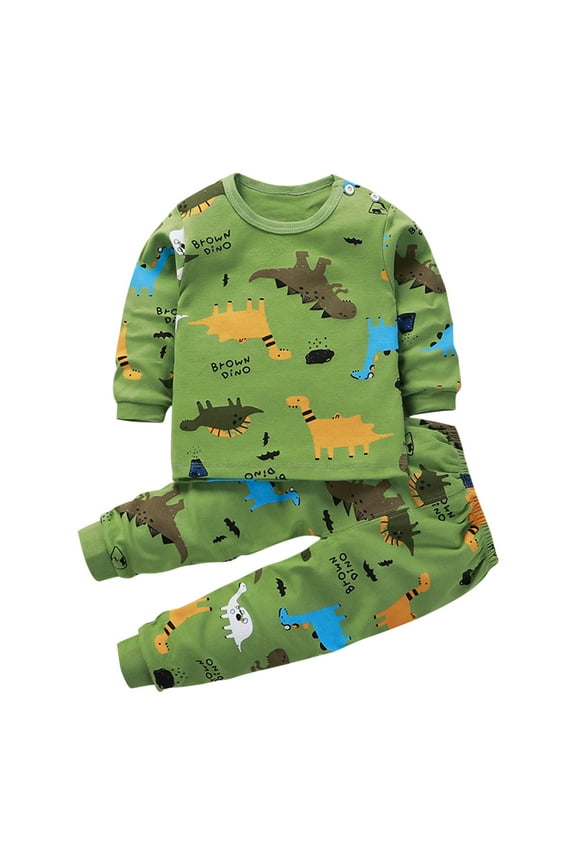 Toddler Boys Girls Pajama Sets Soft Cotton Long Johns Dinosaur Cartoon Printed Base Layer Set Thermal Underwear Set Casual Long Sleeve Tops Printed Long Pants Outfit Sets Green