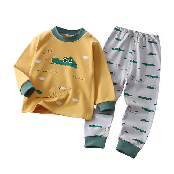Odeerbi Toddler Boys Girls Pajama Sets Soft Cotton Long Johns Dinosaur Cartoon Printed Base Layer Set Thermal Underwear Set Collar Long Sleeve Tops Printed Long Pants Outfit Sets Orange