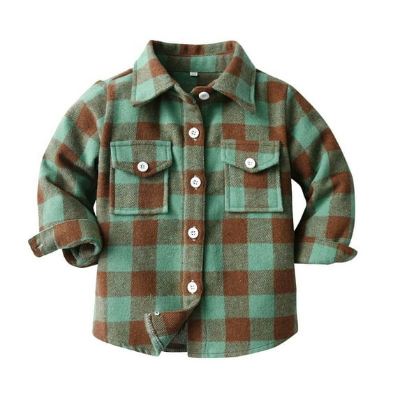 Odeerbi Toddler Boys Girls Plaid Shacket Jacket Kids Toddler Flannel Shirt Long Sleeve Plaid Jacket Baby Fall Shirt Coat Outwear Green 5-6 Years