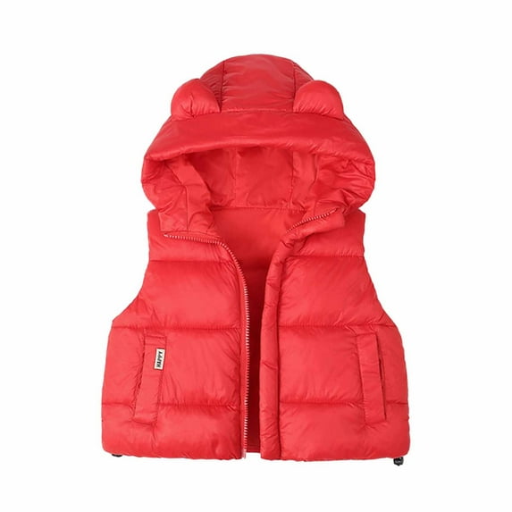 Odeerbi Toddler Boys Girls Puffer Vest Fall Winter Thermal Gilet Down Vest with Pocket Children's Solid Color Thick Sleeveless Hooded Jacket Coat Toddler Clothes Red
